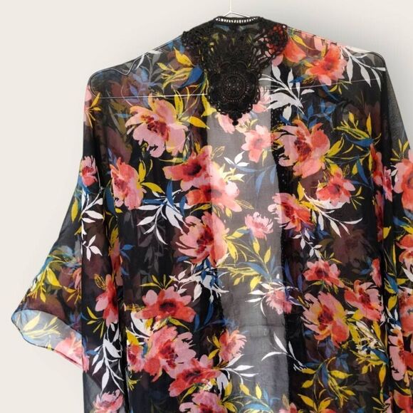 Lane Bryant Semi Sheer Swimsuit‎ Cover Up Crochet Tropical Floral Black Beachy - Picture 4 of 9